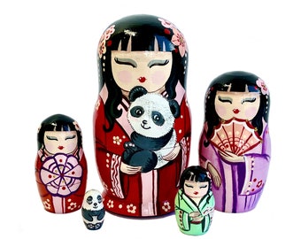 Asian Girls with Panda  Nesting Doll 5pcs 5,4” Hand Painted Wooden Matryoshka Babushka, Personalized Birthday Gift, Asia Room Decor, Art DIY