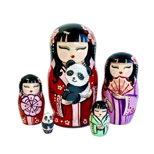 Asian Girls with Panda  Nesting Doll 5pcs 5,4” Hand Painted Wooden Matryoshka Babushka, Personalized Birthday Gift, Asia Room Decor, Art DIY