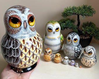 Owl Nesting Dolls HandPainted Woodland Animal Matryoshka Set, Huge 10Piece Wooden Owls Family, Bird Lover Gift