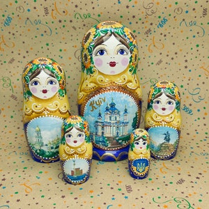 Kyiv City Nesting Doll 5pcs 6” ,Ukrainian Wooden Collection Art Doll Hand Painted, Personalised Gift Girls with Sunflowers Living Room Decor