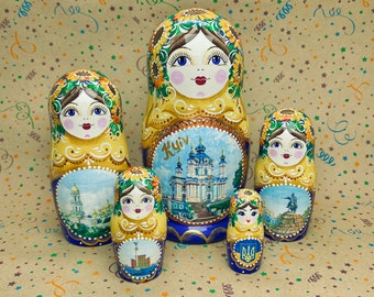 Kyiv City Nesting Doll 5pcs 6” ,Ukrainian Wooden Collection Art Doll Hand Painted, Personalised Gift Girls with Sunflowers Living Room Decor