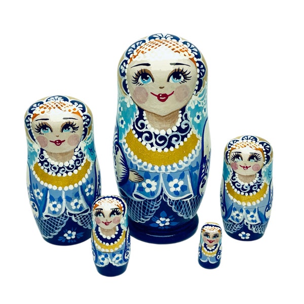 Blue Nesting Doll with Folk Ukrainian Painting Petrykivka 5pcs 4,4” Wooden Matryoshka Living Room Decor Personalized Birthday Easter Gift