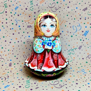 Roly Poly Musical Girl with flowers, Nevalyashka Ukraine Doll 5,25&quot;/13 cm, Musical Wooden Tumbling Doll, Eco Wooden Tilting doll Wobbly doll