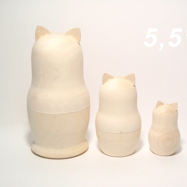 Cats Unpainted Blank Wooden Matryoshka 5,5'', Blank Nesting Doll set, Cats with ears 3 pcs, Kids Room Decor, Montessori Stacking set