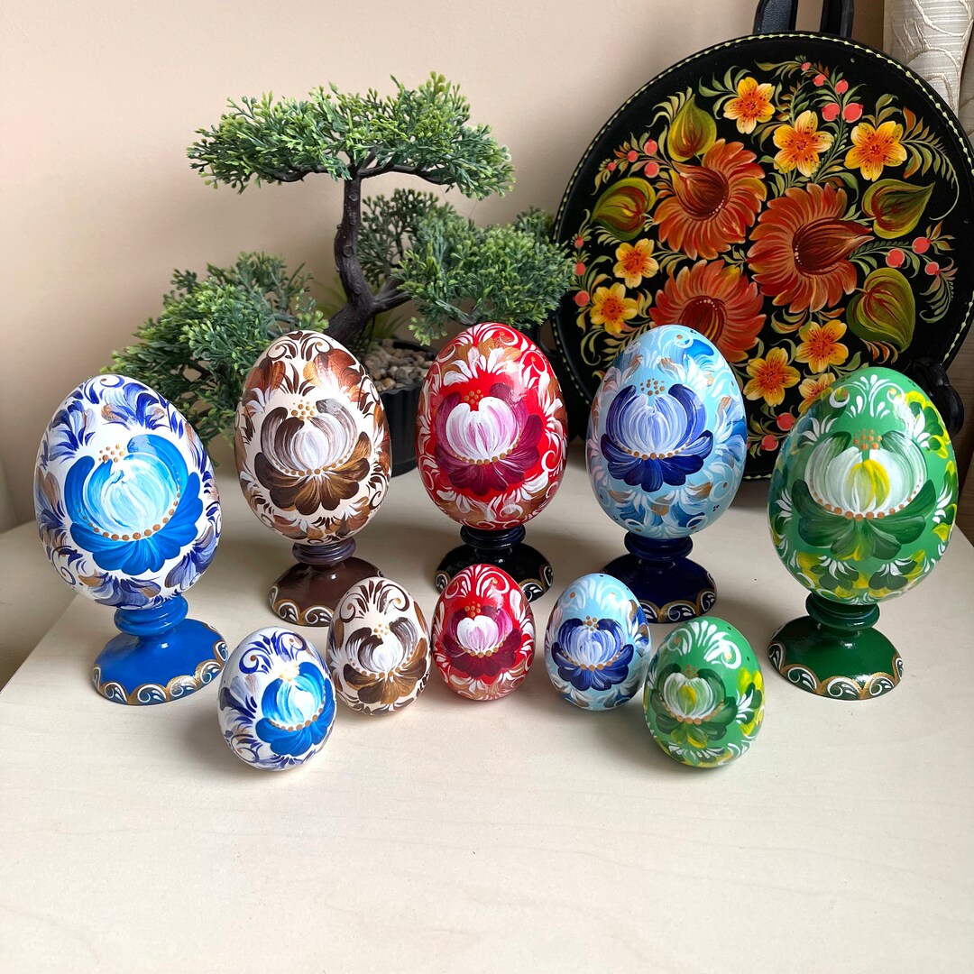 Easter Nesting Egg 2pcs, Hand Painted Wooden Set on Stand With Floral ...