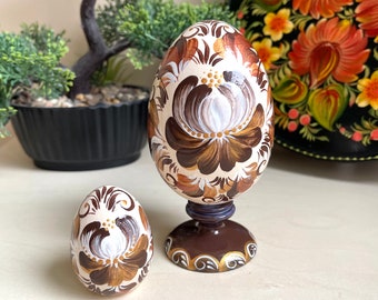 Easter Nesting Egg with Stand 2pcs Hand Painted Easter Decor with Floral Ornament, Ukrainian Ethnic Petrykivka Art, Easter Personalized Gift