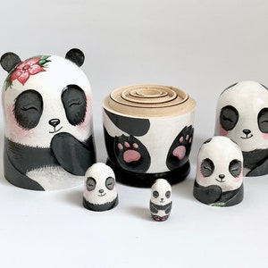 Panda Bears Matryoshka, Nesting Doll 5pcs 5,3/13,5cm or 4.25'' 11 cm, Baby Panda Room Decor, Personalised Doll for Kids, Asia Style Decor image 3