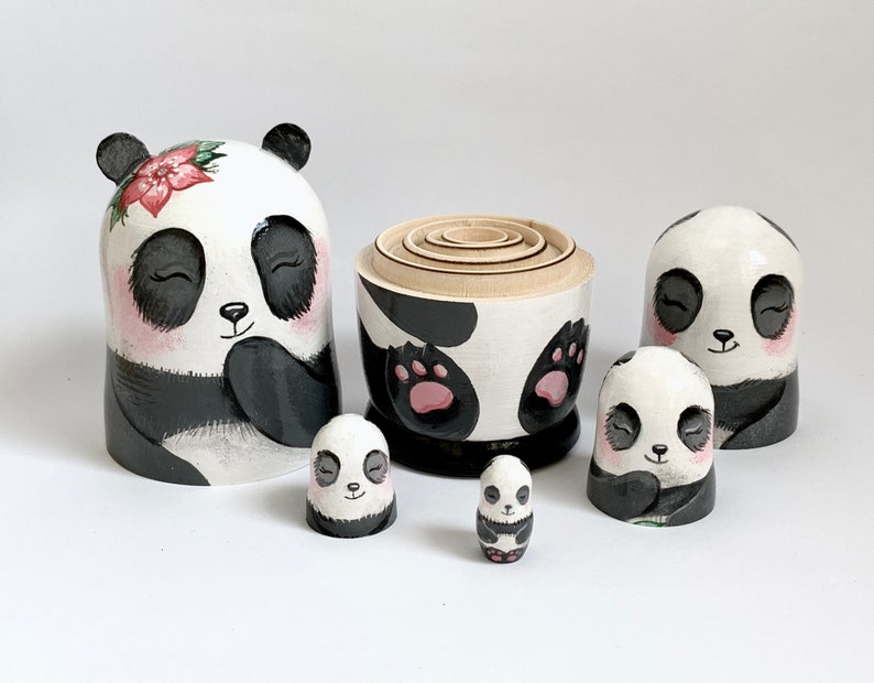 Panda Bears Matryoshka, Nesting Doll 5pcs 5,3/13,5cm or 4.25'' 11 cm, Baby Panda Room Decor, Personalised Doll for Kids, Asia Style Decor image 3