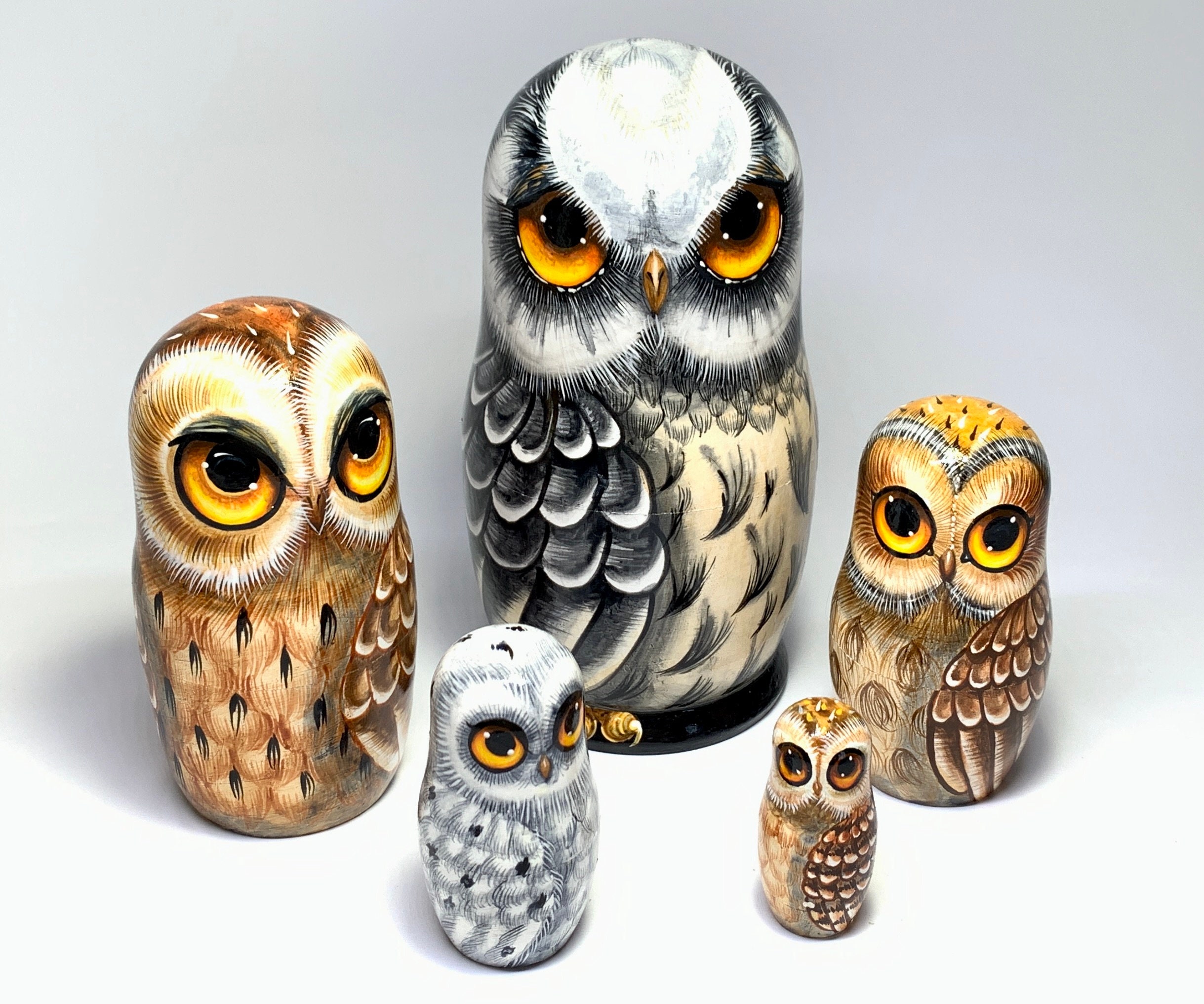 Owl Decor Owl Nesting Egg 4.25''/11cm Handmade Nesting Doll 5 pcs