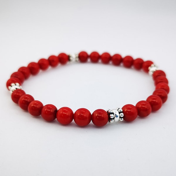 Pulsera coral con adornos de plata, plata de ley, cuarzo rosa, piedras preciosas , plata 925, varias tallas