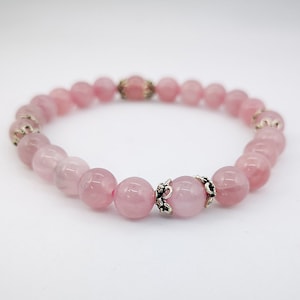 Pulsera cuarzo rosa con adornos de plata, plata de ley, cuarzo rosa, piedras preciosas , plata 925, varias tallas