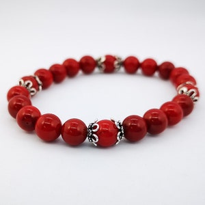 Pulsera coral bambú con adornos de plata, plata de ley,  piedras preciosas , plata 925, varias tallas