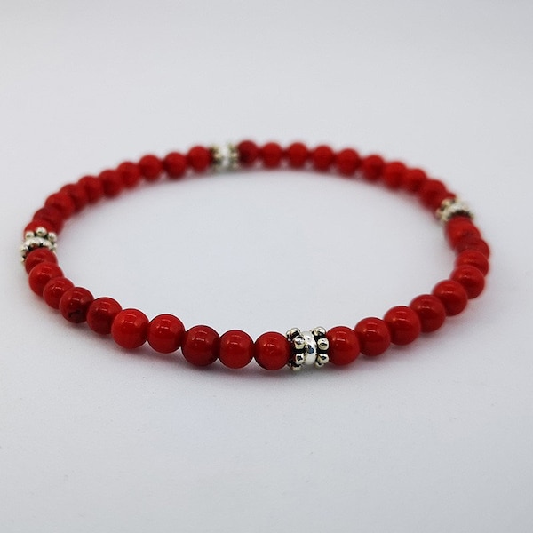 Coral bracelet with silver ornaments, sterling silver, bamboo coral, 925 silver, various carvings