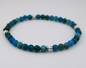 Blue apatite bracelet with silver decorations, sterling silver, blue apatite, 925 silver, silicone thread, various sizes