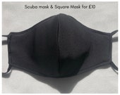 Black Face Mask with Filter Pocket, Scuba, Black Square Mask with Pocket, Handmade in the UK, Washable, Cotton Lining, 3 layer, Reusable