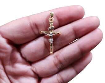 Vintage 14K Gold Two Toned Crucifix Cross Pendant INRI 1.25"