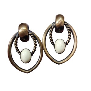 Vintage Bronze Toned Clip On Cream Earrings