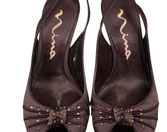 Nina Size 7.5M Chocolate Satin Peep-Toe Slingback Heels with Studded Bow