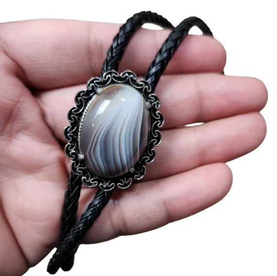 Vintage Silver Toned Agate Oval Concho Black Leat… - image 2