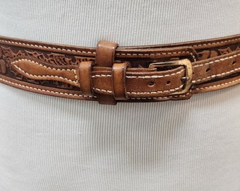 Vintage Brown Genuine Cowhide Leather Weave Tooled Ranger Belt Size 34