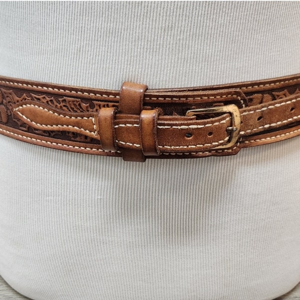 Vintage Brown Genuine Cowhide Leather Weave Tooled Ranger Belt Size 34