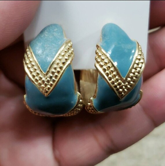 Vintage Aqua & Gold Tone Dipped Post Hoop Earrings - image 3