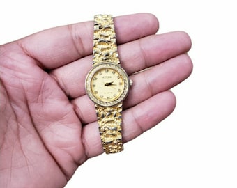 Vintage BENRUS Citation Quartz Watch Gold Plate Nugget Style Band Black Face Genuine Diamond Accent Time Date in Original Box Working Etsy