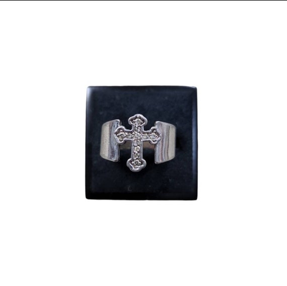 Vintage Size 6 Silver Toned Bling Cross Signet Ri… - image 1