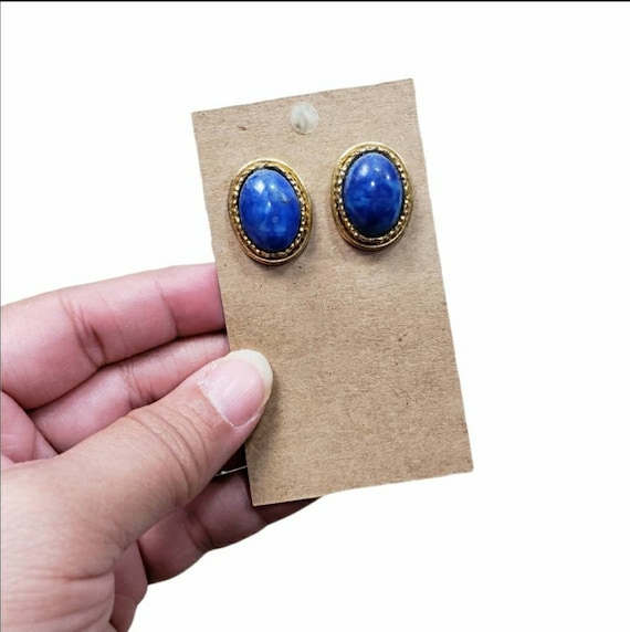 Vintage Gold Toned Blue Center Oval Post Earrings - image 1