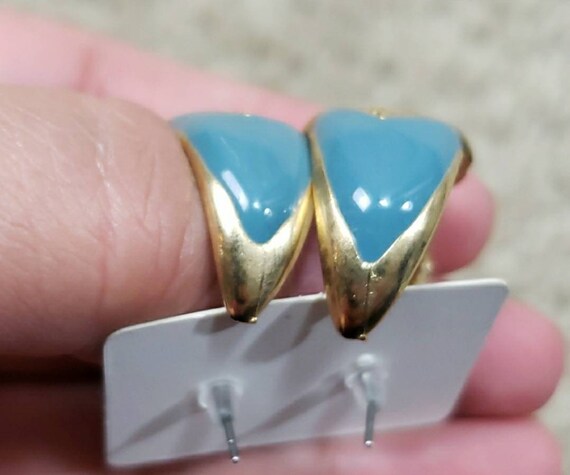 Vintage Aqua & Gold Tone Dipped Post Hoop Earrings - image 4