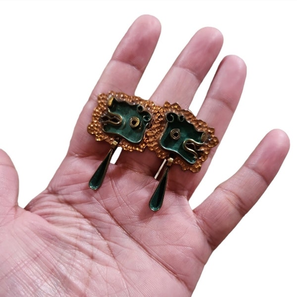 Vintage Casa Maya by Hubert Harmon Copper Brass Enamel Dragon Mexico Earrings 2"