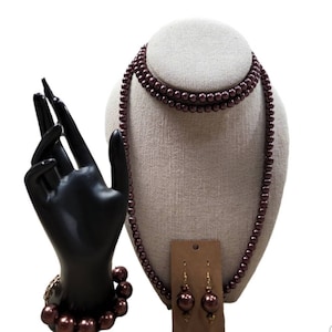Vintage Gold Toned Brown Beaded Long Strand Jewelry Set