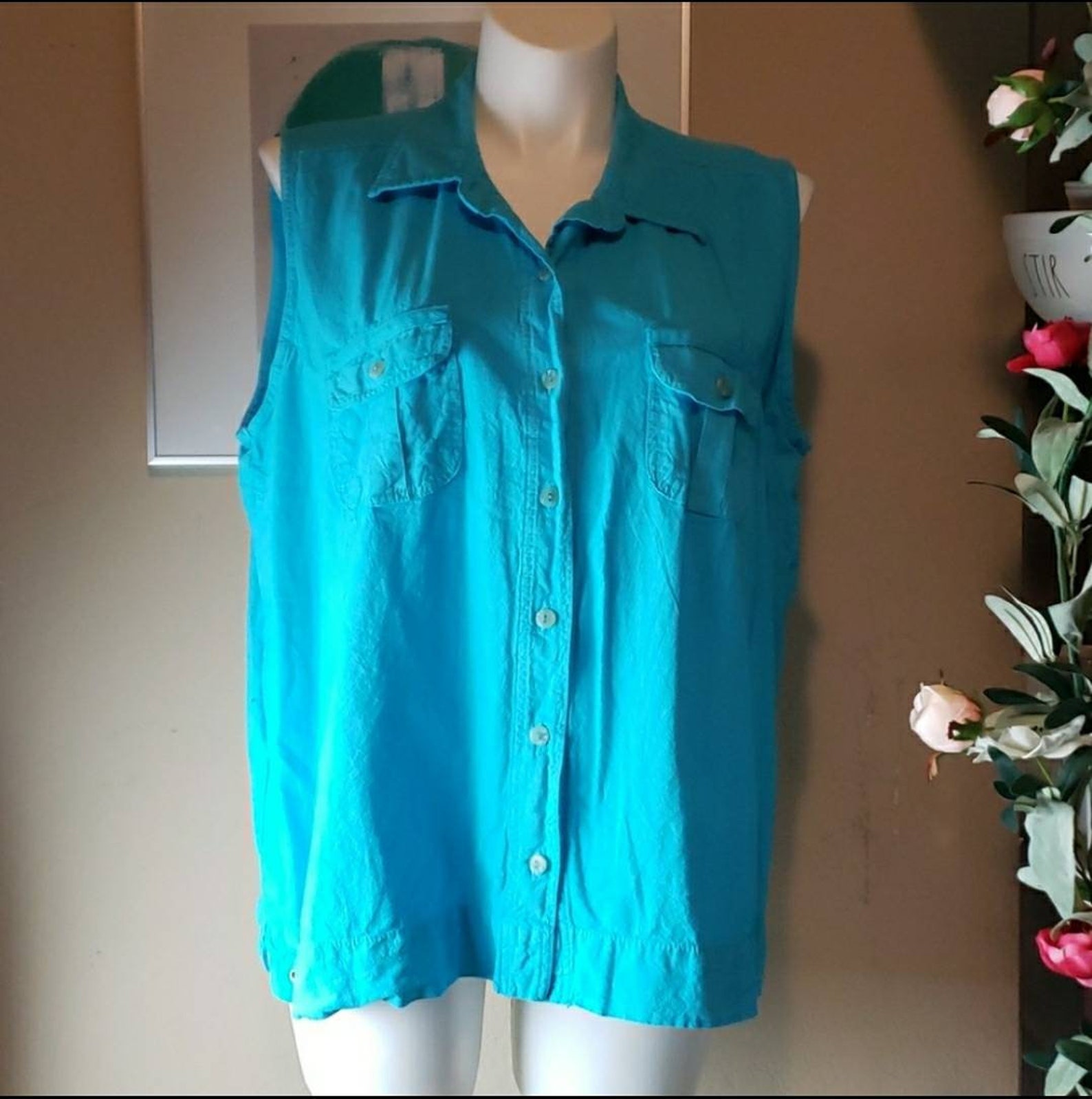 Vintage 1990s Erika Button Front Sleeveless Top 3X Blue - Etsy