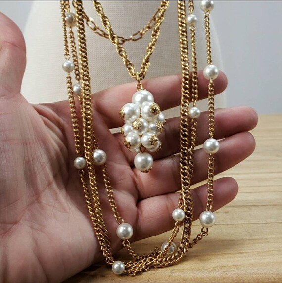Vintage Faux Gold Pearl Cluster Multi-Strand Neck… - image 2