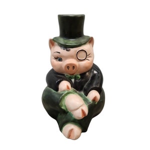 Vintage Phil Up Ceramic Pig Crossed Legs Green Top Hat Piggy Bank No Stopper