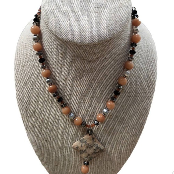 Vintage Silver Toned Peach Black Beaded Jewelry S… - image 1
