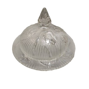 Vintage Jeanette Glass Round Iris & Herringbone Butter Dish Mid Century Modern