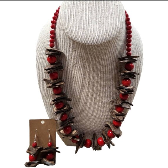 Vintage Silver Toned Brown Wood Red Beaded Jewelr… - image 1