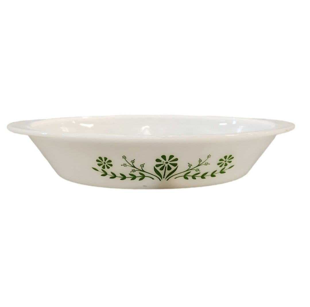 Glasbake Oval Divided Milk Glass Casserole Baking Dish Handles Green Daisy