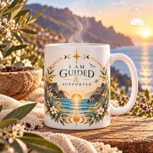 I Am Guided & Supported Mug, Positive Affirmation Mug, Spiritual Coffee Cup, Self Care Gift, Celestial Mug, Inspirational Nature Gift