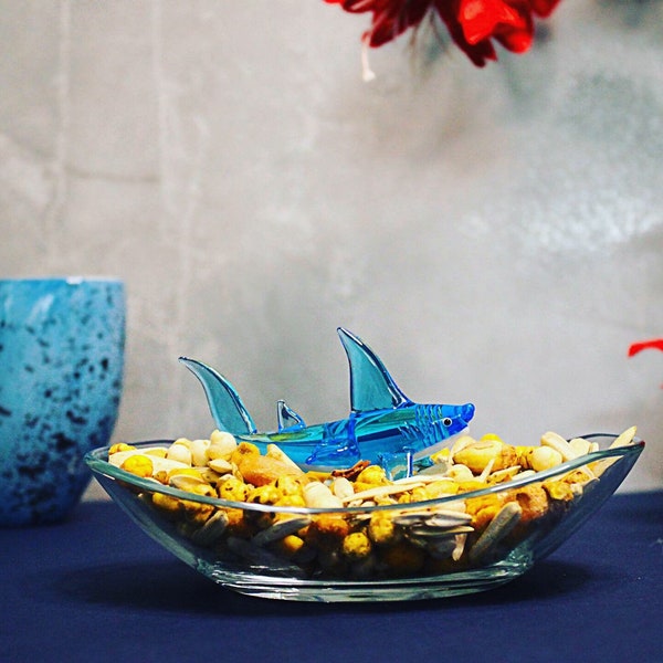 Snack bowl with glass shark, nut bowl, serving bowl, blue shark gift, kitchen prep, decorative bowl, serveware, new home gift, fruit bowl