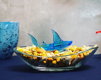 Snack bowl with glass shark, nut bowl, serving bowl, blue shark gift, kitchen prep, decorative bowl, serveware, new home gift, fruit bowl