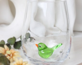 Colorful Birds drinking glass, stemless wine glass, bird tumbler, bird mug, dining table decor, water cup, wedding, celebration, glassware,