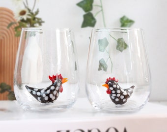 Stemless glass inside chicken , rosster cup, hen mug, cute bird drink glass, water glass ,wine glassware, farm animal, table decor, bird mug