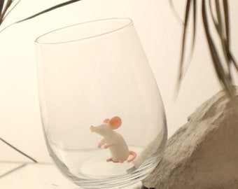 Funny Drink Glass inside white rat, mouse glass mug, bachelorette party, animal glassware, water cup, stemless wine glass, mouse mom,