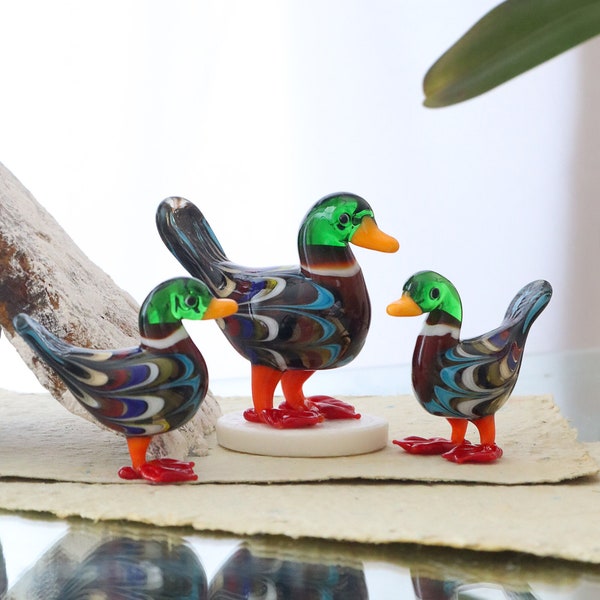 Mallard duck glass sculpture, lampwork bird, murano glass bird, duck home decor, little statue, art glass animal, miniature bird collection