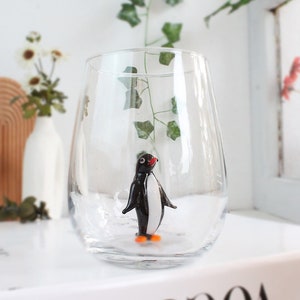 Cute penguin glass cup, drink glass, home decor, water cup, wine, penguin mug, tiny penguin cup, bird cup, handmade glassware, table decor,