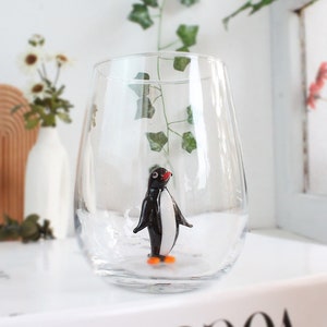 Cute penguin glass cup, drink glass, home decor, water cup, wine, penguin mug, tiny penguin cup, bird cup, handmade glassware, table decor, image 1