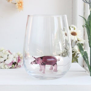 Handmade drinking glass with pig figure, stemless wine glass, water glass, pig cup, glass mug, glassware, swine, tiny glass pig, table decor Single- Purple