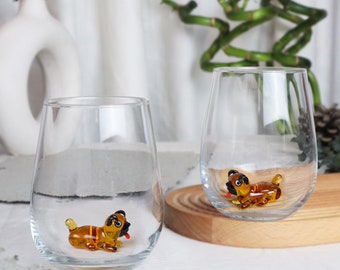 Cute drink glass with glass pug, dog glass cup, water cup, Pug mug, glassware, tiny pug cup, handmade dog, drinkware, animal love, wine,